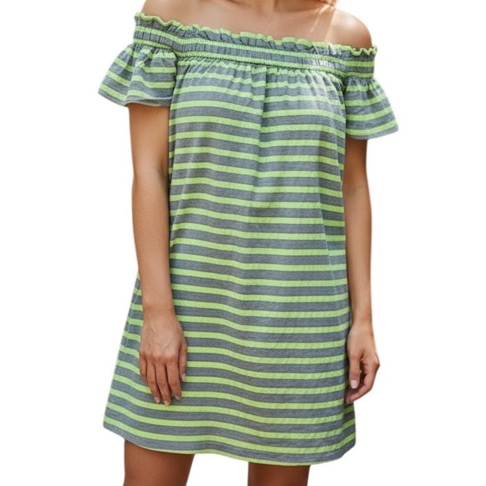 Anthropologie Corey Lynn Carter Striped Off Shoulder Dress XS Lime‎ Grey Mini